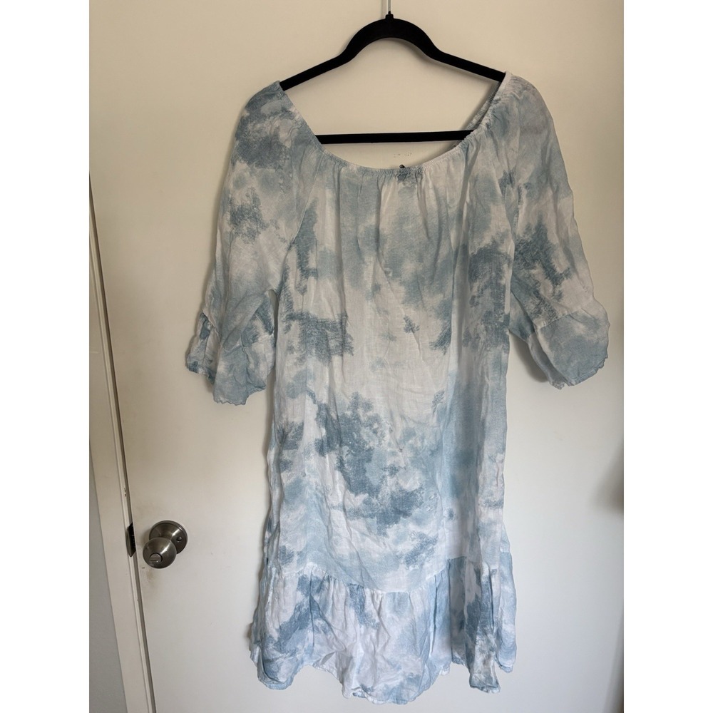 FRANCESCA BETTINI Blue White Linen Dress Italy Boho Vacation Resort